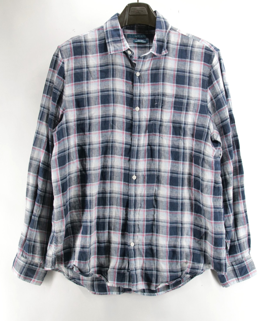 Perry Ellis Linen Long Sleeve Button Up 100% Linen Blue Plaid Casual Shirt Men L